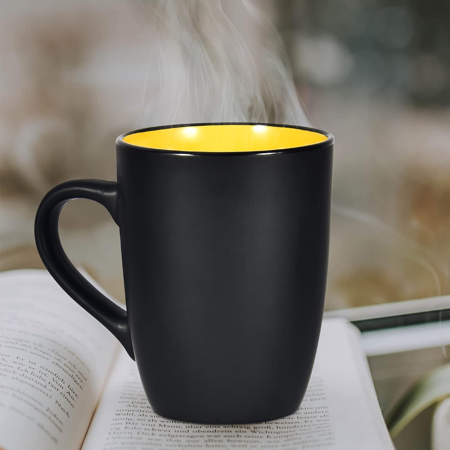 Ceramic Coffee Mug, 1 Pack Large Coffee Mug, 16Oz Restaurant Coffee Mug with Handle, Black Porcelain Mug for Office and Home, Large Ceramic Coffee Cup for Coffee Tea Cocoa Juice, Yellow